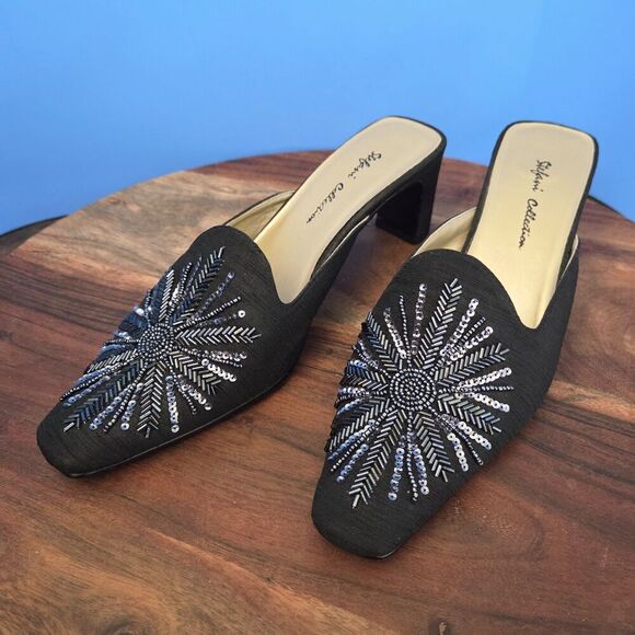 RARE Stefani Collection Beaded Silk Dress Mules Women's US8 Feather Design Black - Picture 2 of 13